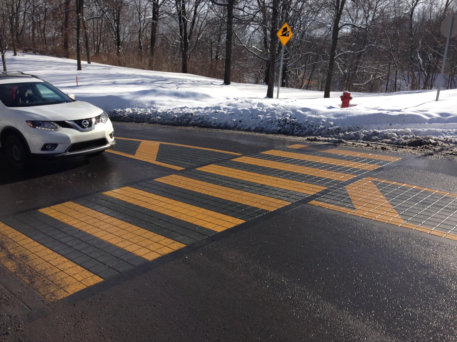 Decorative crosswalk specified for high-visibility pedestrian crossing — a residential collector road