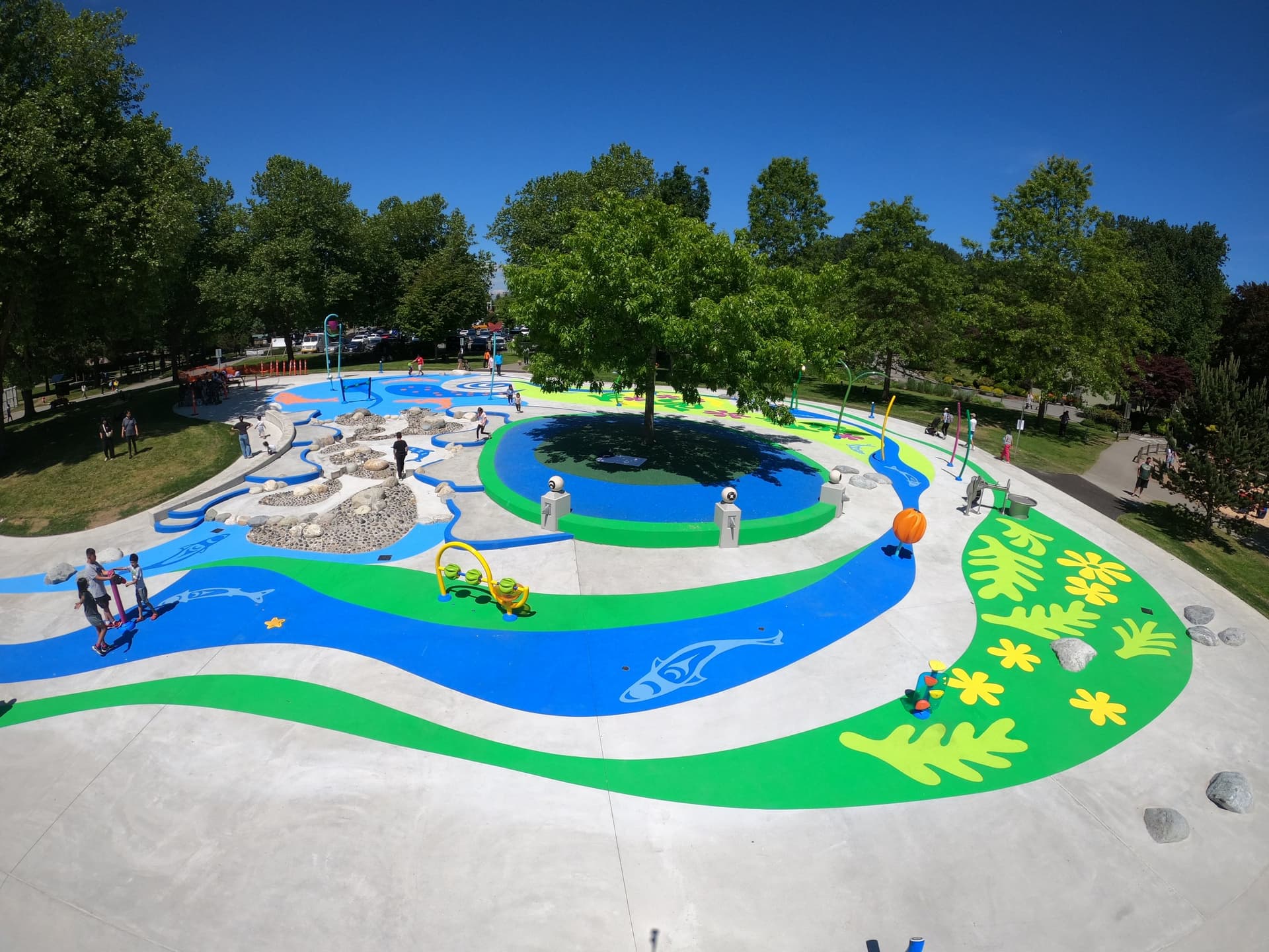 Splash pad surfacing specified for wet play surfaces with slip resistance — a recreation centre wet deck