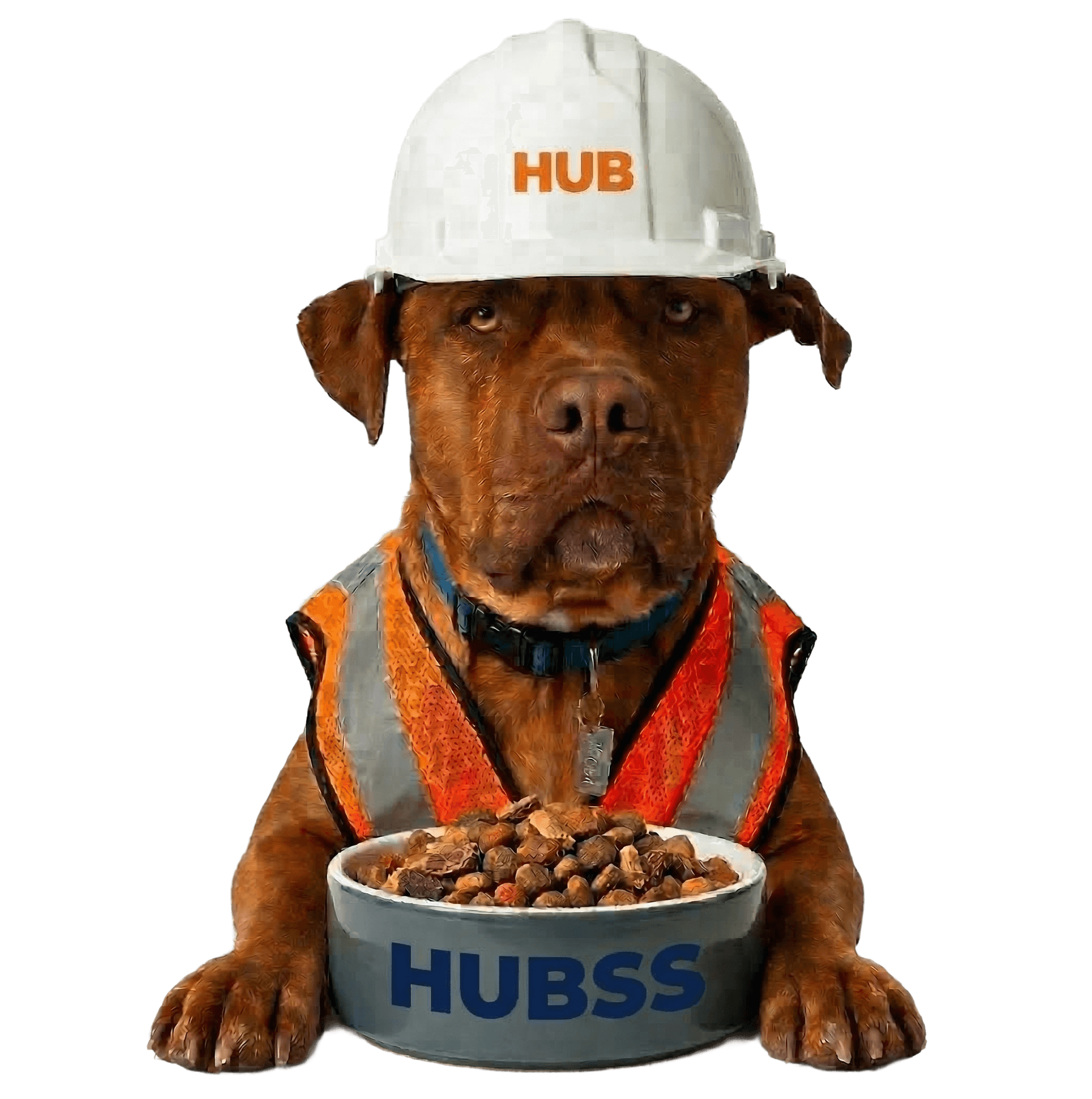 Moose, the HUB Surface Systems site dog, in his hard hat and safety vest