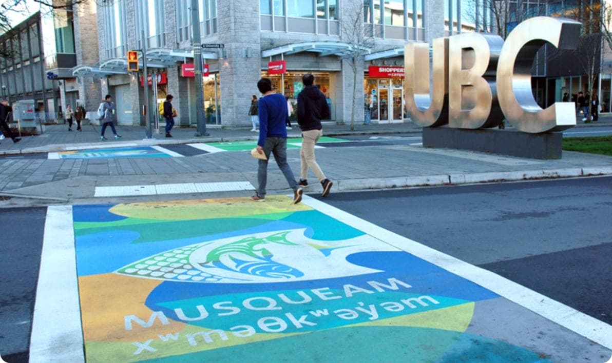 TrafficPatterns preformed thermoplastic crosswalk at UBC — Musqueam Nation Indigenous art installation on University of British Columbia campus