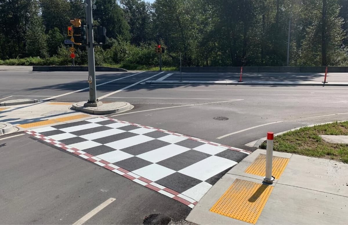 TrafficPatterns thermoplastic pavement marking at a main street corridor in Canada — installed by HUB Surface Systems