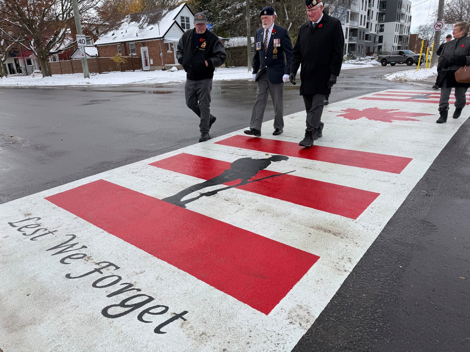 TrafficPatterns thermoplastic pavement marking at a main street corridor in Kitchener, ON — installed by HUB Surface Systems