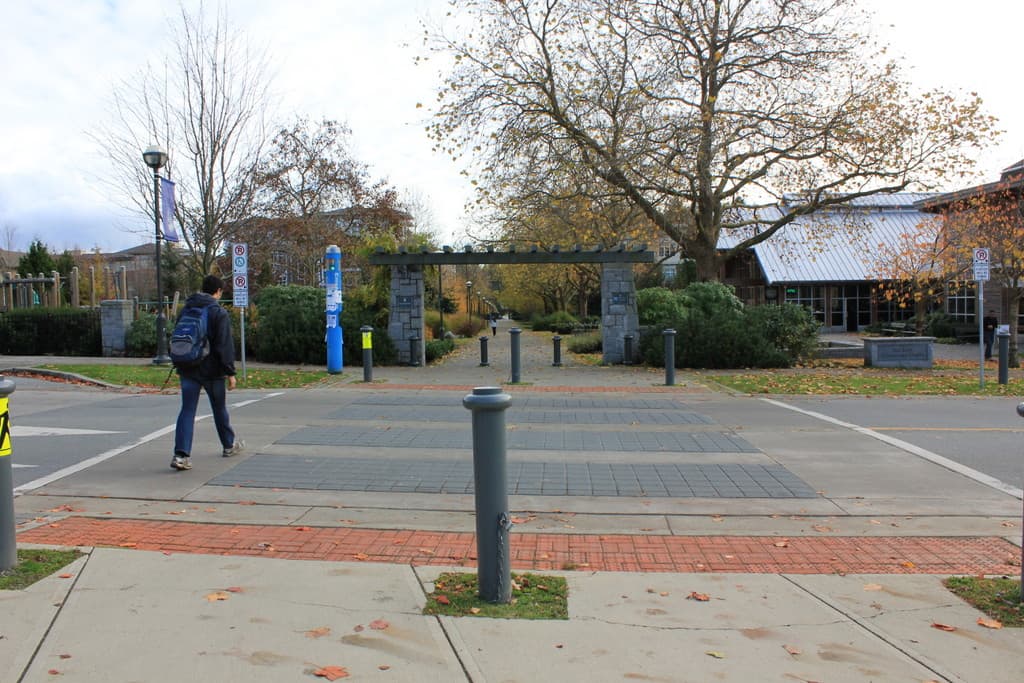 Decorative pathway paving in stamped asphalt and coloured surface coating — a municipal park, Canada