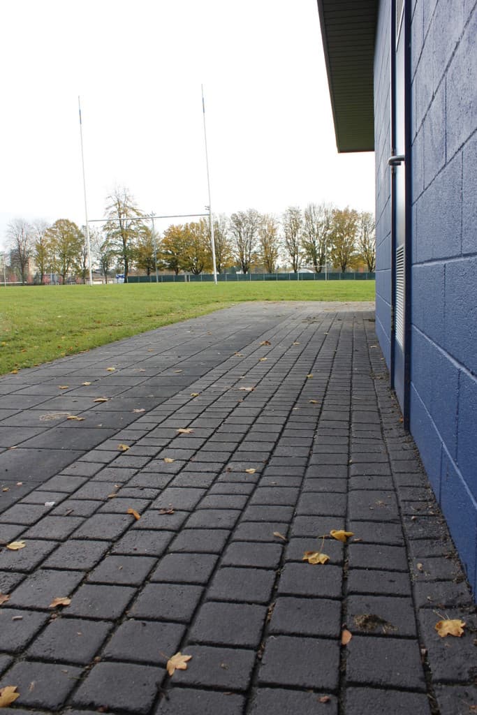 Decorative pathway paving in stamped asphalt and coloured surface coating — a greenway connection, Canada