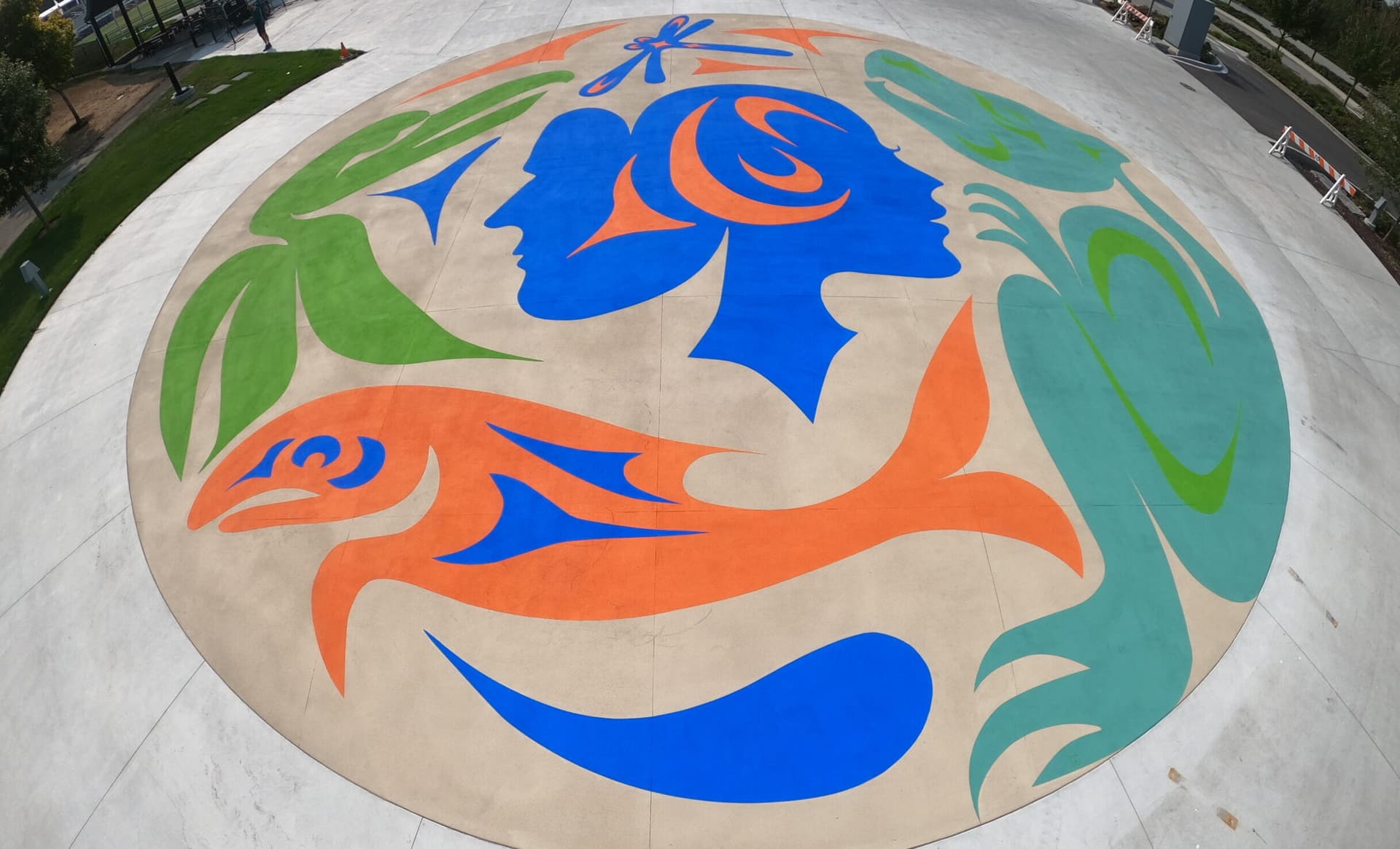 DecoMark decorative pavement graphics installation in Canada: logos, art, and custom pavement design at a civic plaza