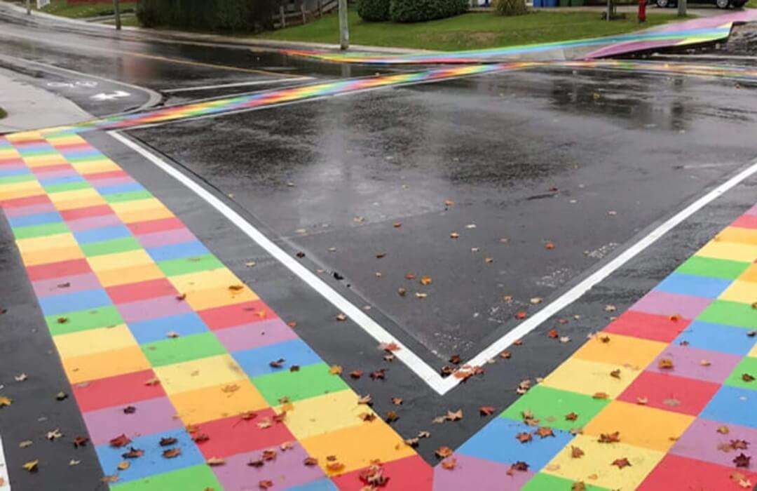 TrafficPatterns abstract rainbow crosswalk design in Granby Quebec Canada