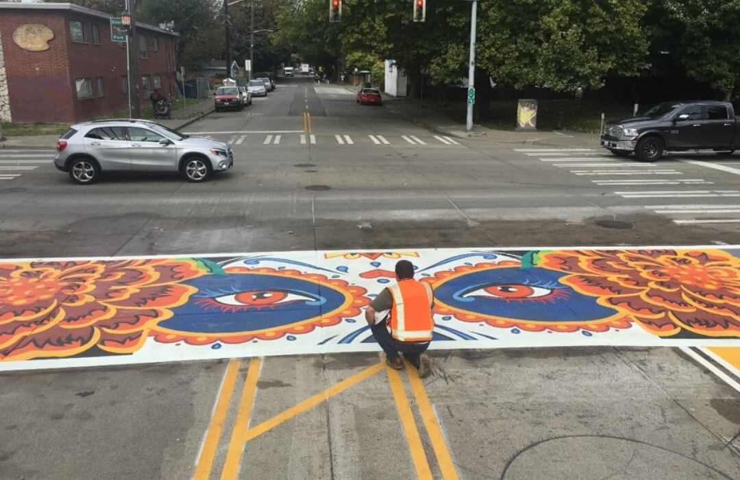 TrafficPatterns day of the dead decorative asphalt crosswalk design