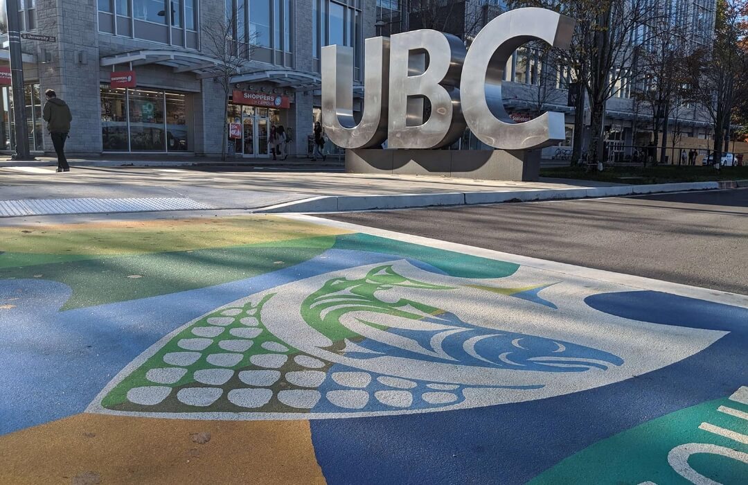 UBC Musqueam crosswalk design on asphalt using TrafficPatterns 99Bline Vancouver BC Canada