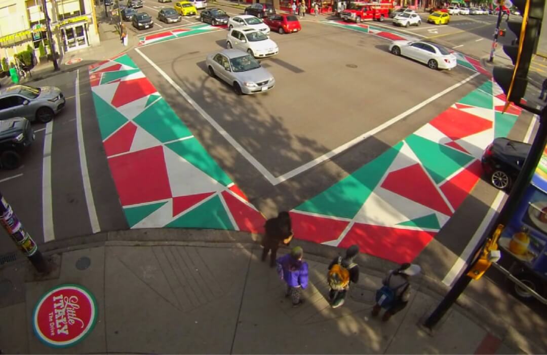 commercial drive asphalt crosswalk community branding of little italy vancouver bc canada