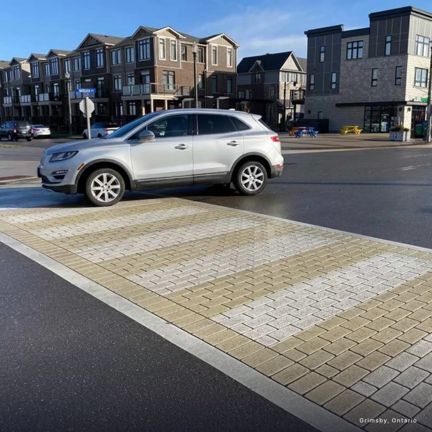 A TrafficPatternsXD crosswalk in Grimsby, Ontario