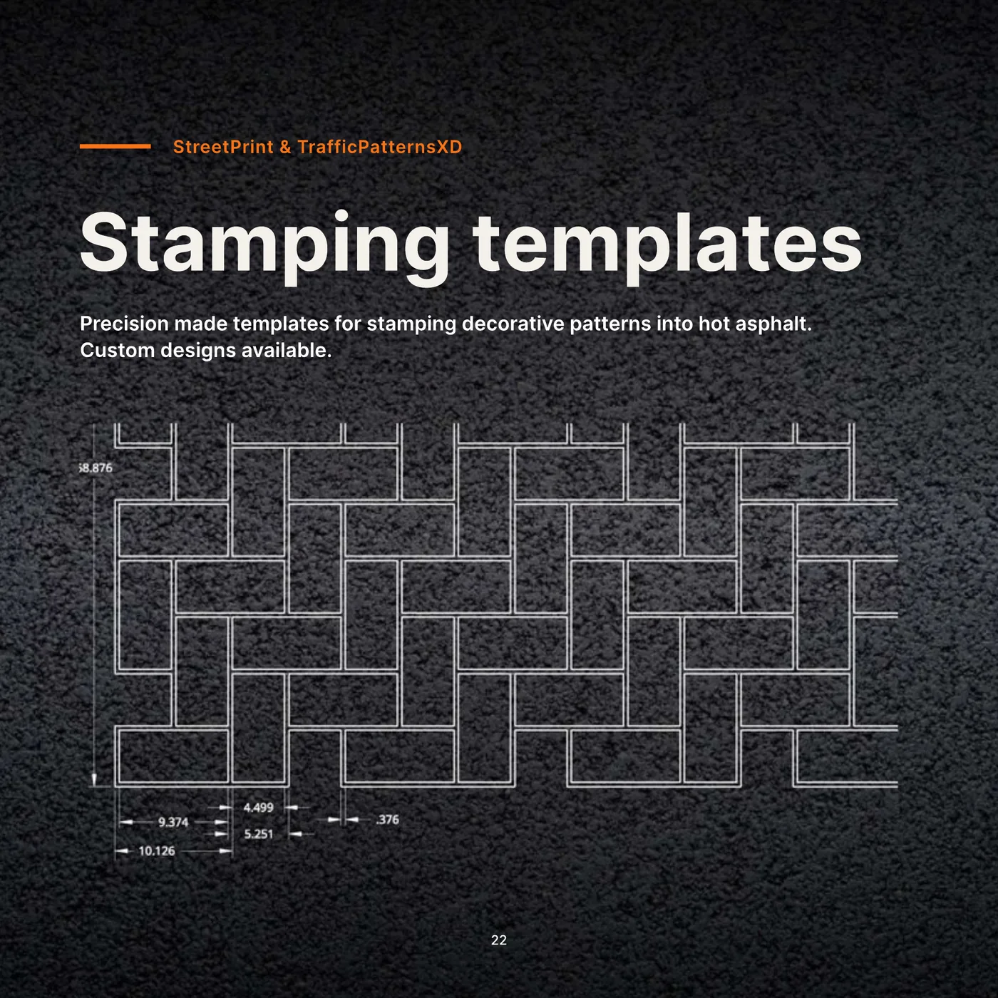 A herringbone stamping template drawn with its dimensions