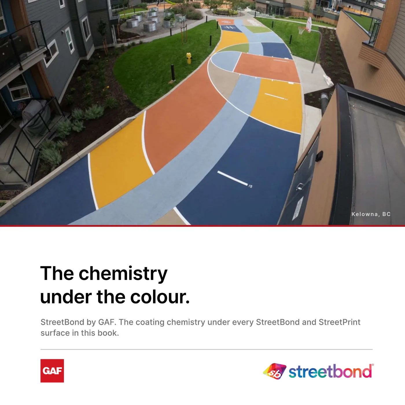 A colourful StreetBond courtyard path at Green Square, Kelowna, British Columbia