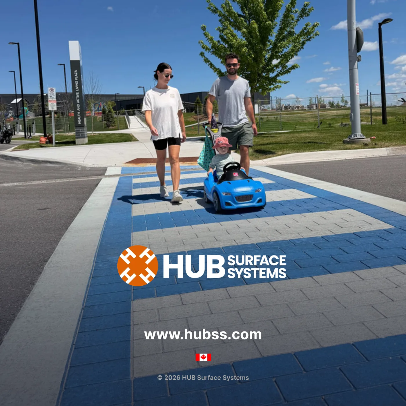 A family on a blue TrafficPatternsXD crosswalk, the back cover of the Product Book