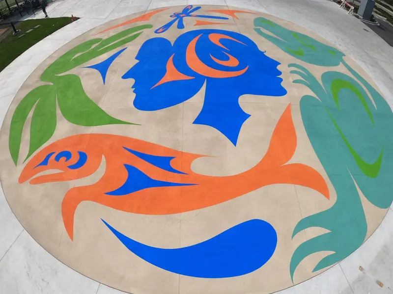 Aerial view of a large DecoMark Indigenous-art medallion on a concrete plaza