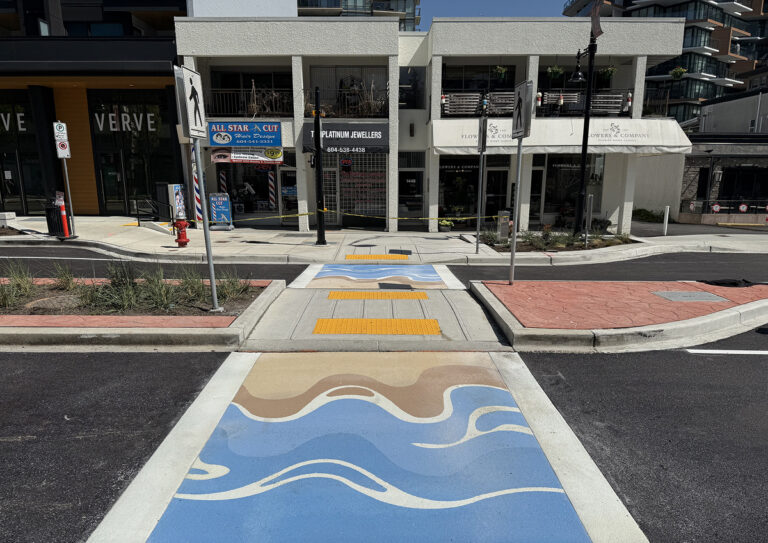 Completed Seaside Stroll TrafficPatterns crosswalk in White Rock BC showing durable artistic